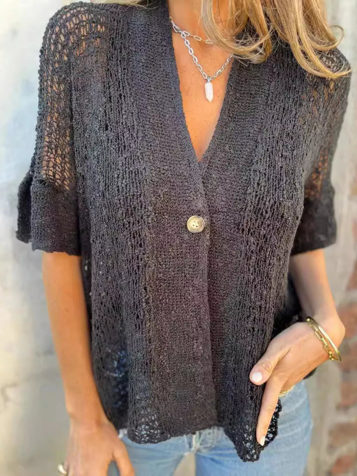 Full Size One Button Half Sleeve Cardigan Plus (8)