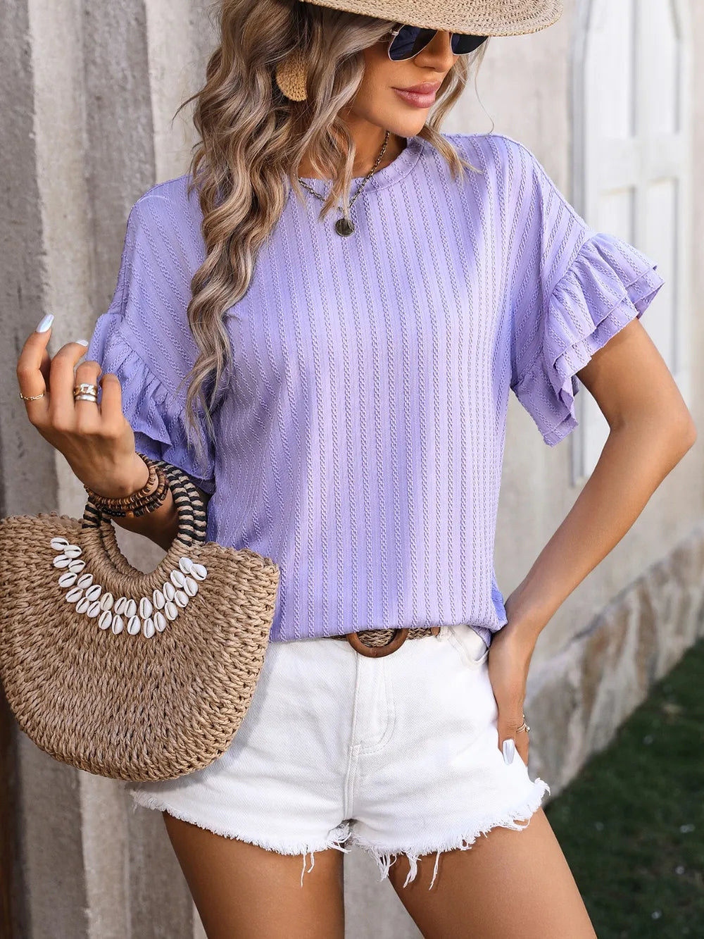 Ruffled Round Neck Short Sleeve Blouse (9)