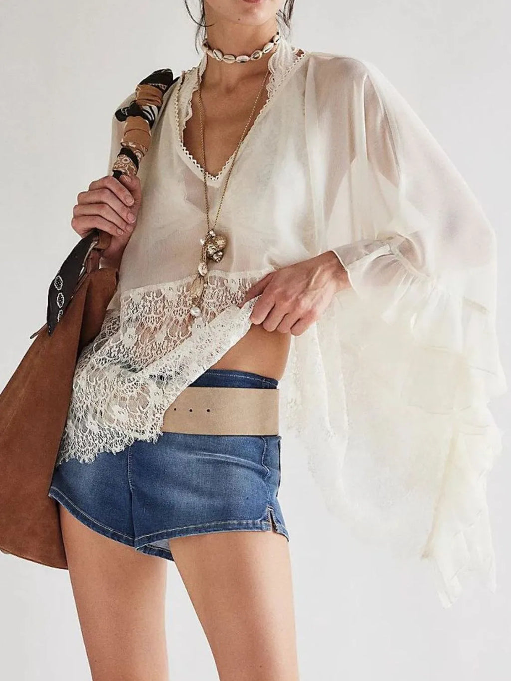 Lace V-neck Ruffle Long Sleeve Cover-up (4)
