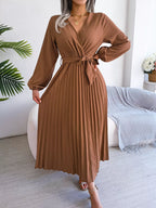 Elegant Pleated Front Tie Long Sleeve Dress (7)