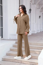Drawstring Flounce Sleeve Shirt Pants Set (3)