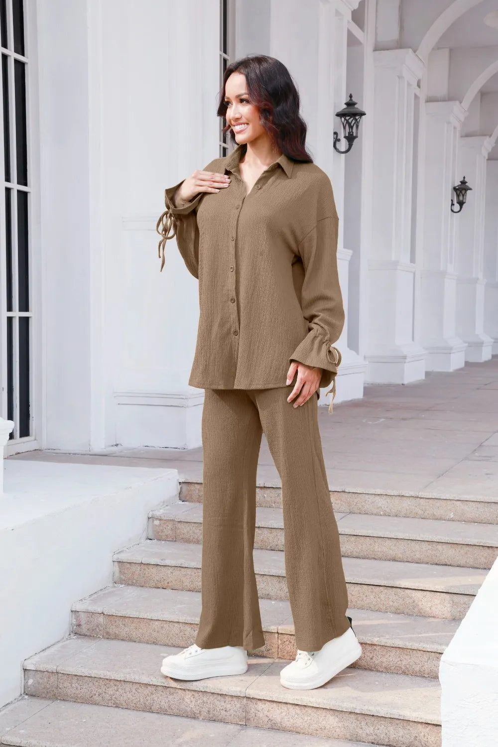 Drawstring Flounce Sleeve Shirt Pants Set (3)