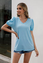 V-neck Decorative Buttons Puff Sleeve Tee (9)