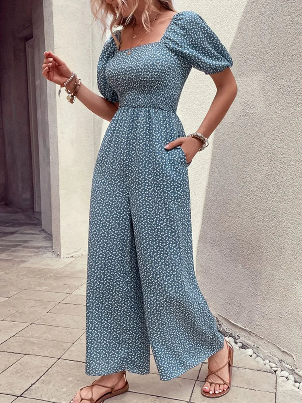 Printed Square Neck Puff Sleeve Jumpsuit (2)