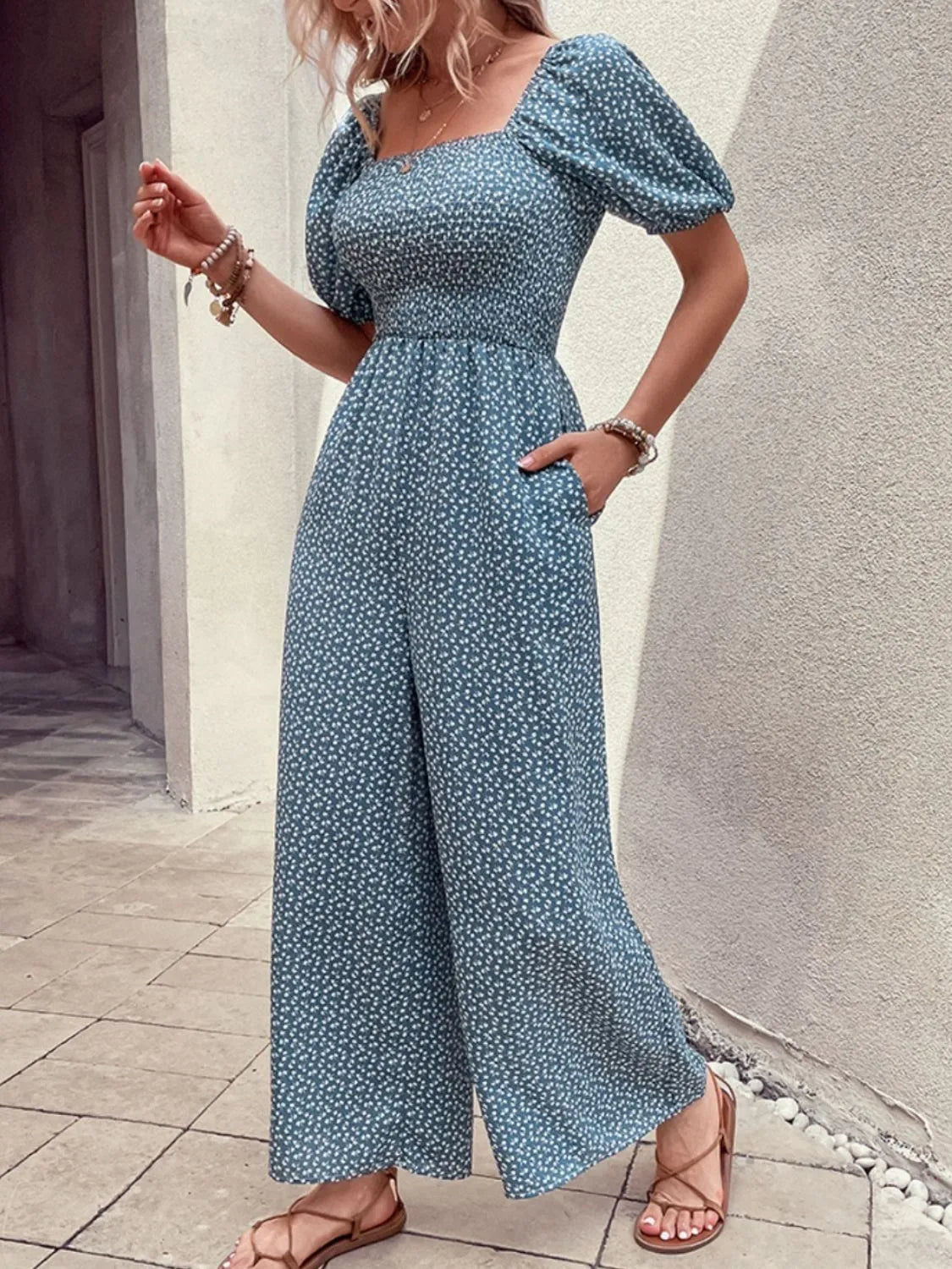 Printed Square Neck Puff Sleeve Jumpsuit (2)