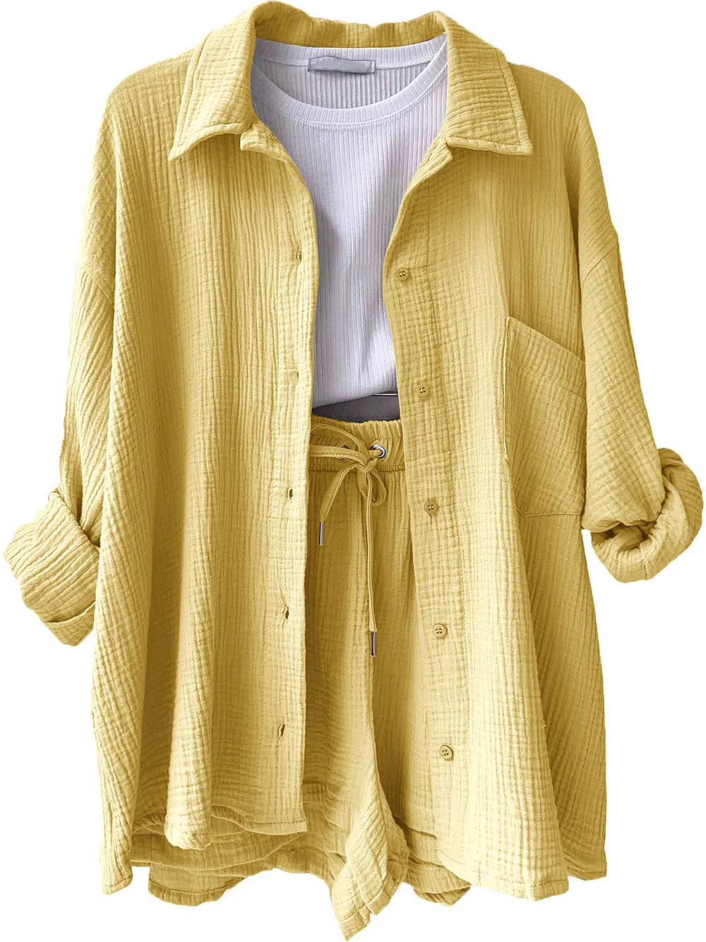 Texture Button Up Shirt Drawstring Shorts Set (35)
