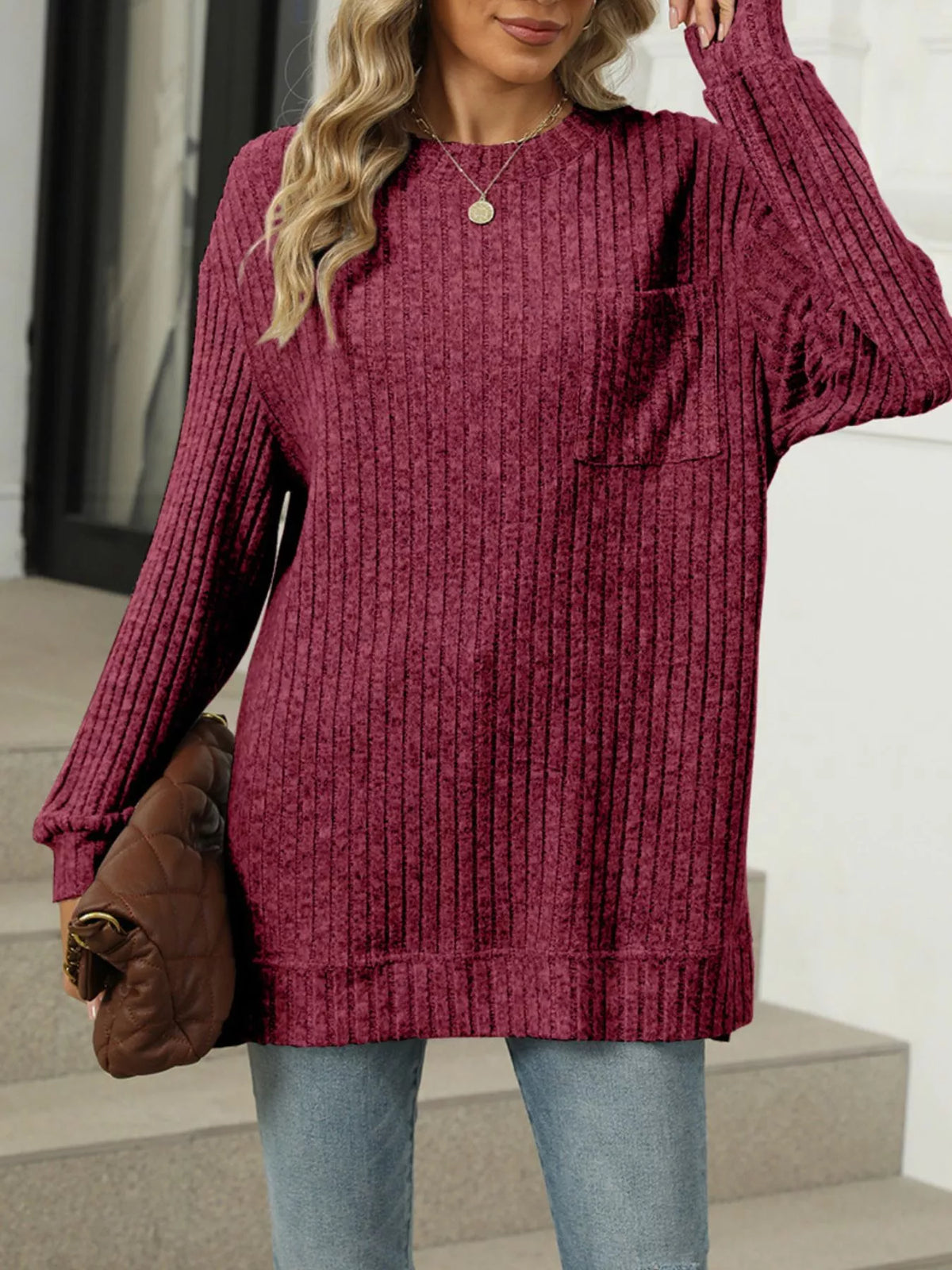 Ribbed Knit Round Neck Sweater (19)