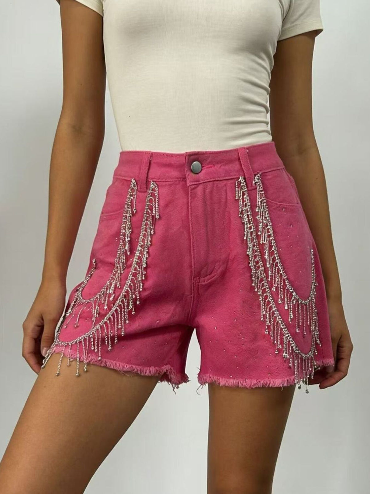 Rhinestone Chain Raw Hem Denim Shorts (7)
