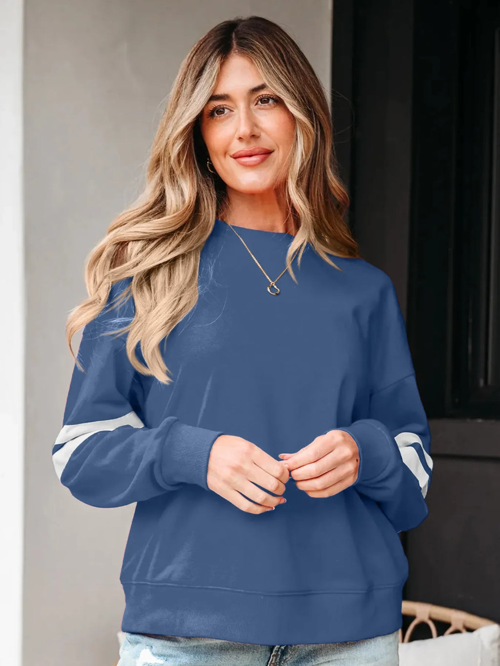 Stripe Round Neck Long Sleeve Sweatshirt (21)