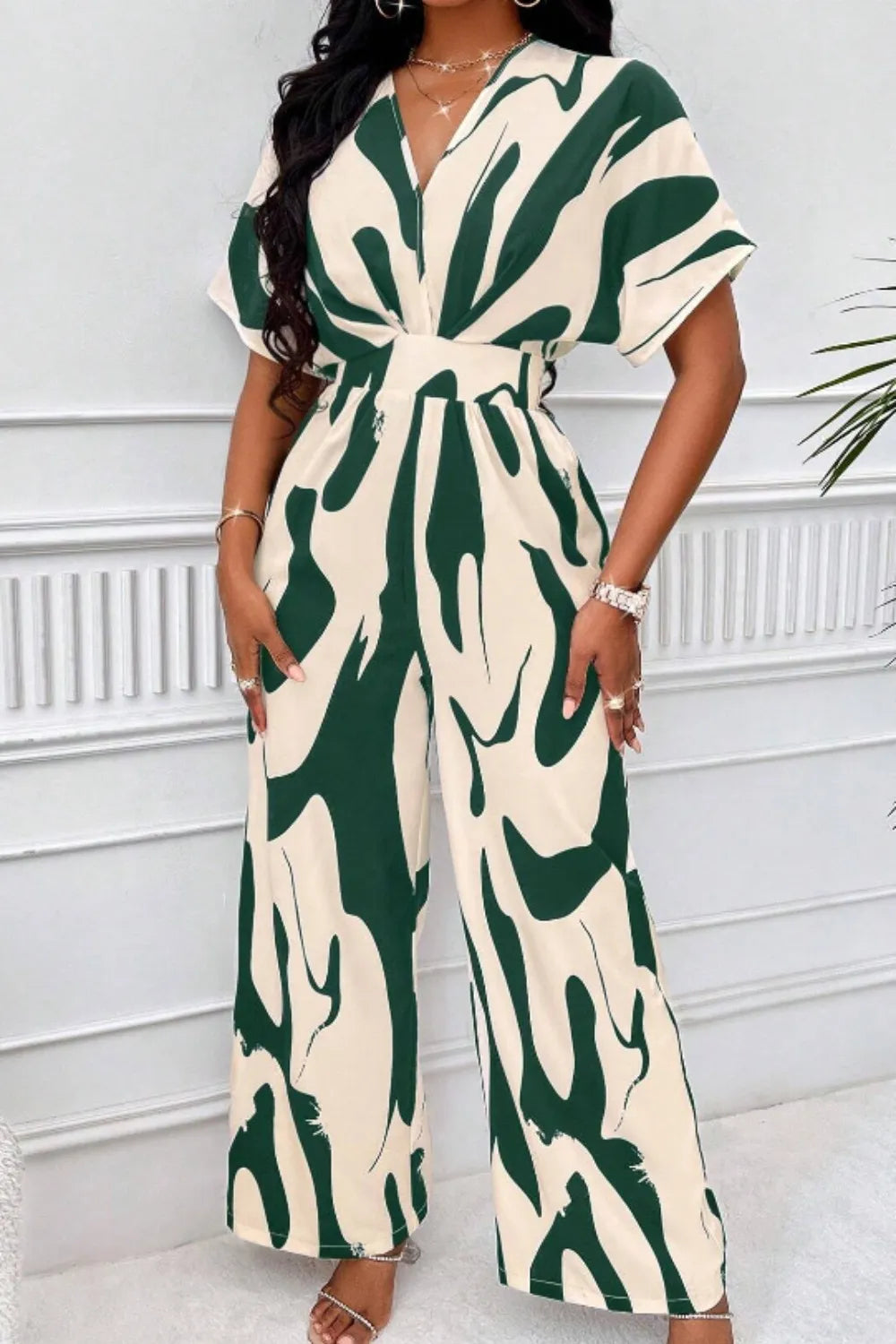 Printed V-neck Short Sleeve Wide Leg Jumpsuit (15)
