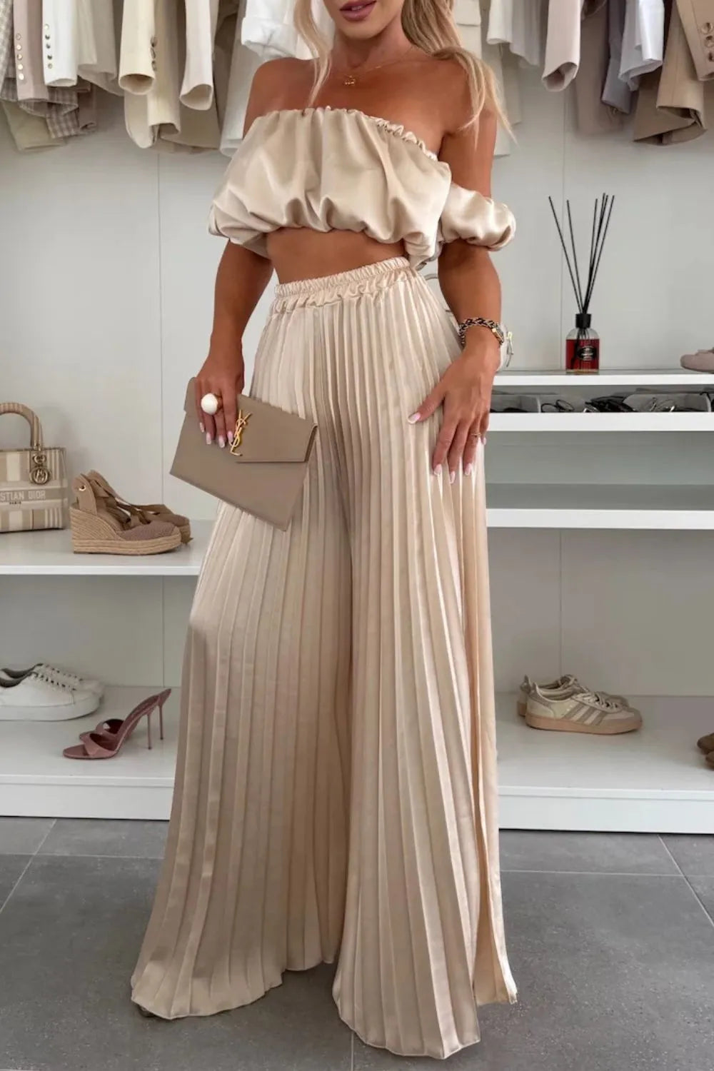 Off-shoulder Top Pleated Pants Set