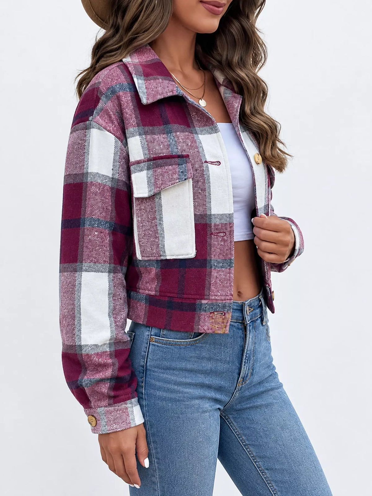 Plaid Button-front Cropped Jacket (29)