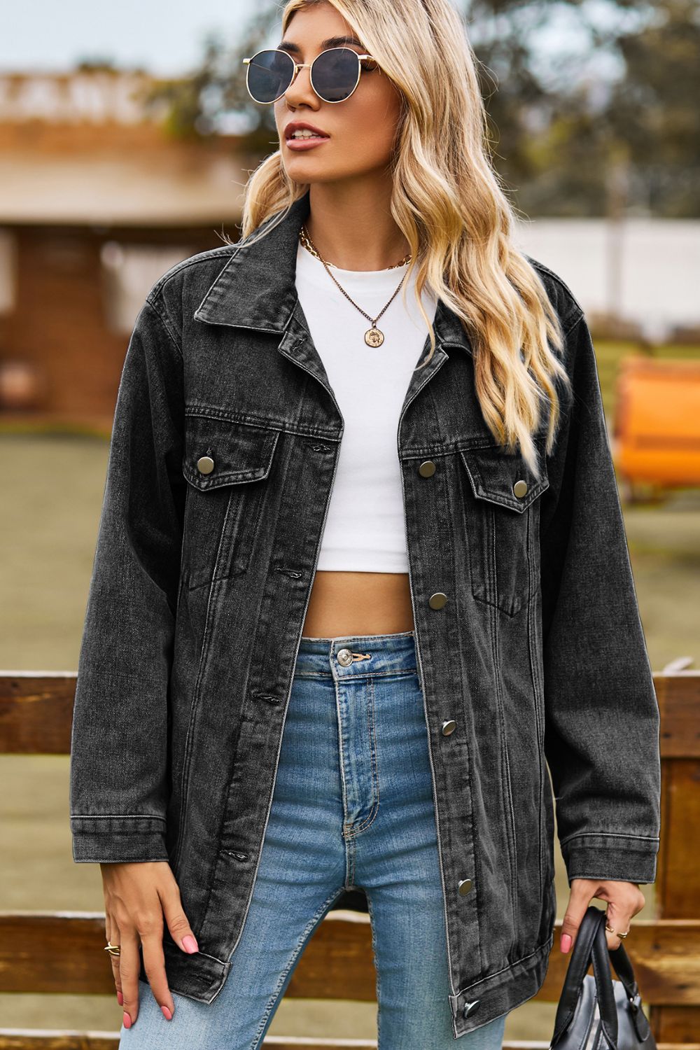 Buttoned Collared Neck Denim Jacket Pockets (8)
