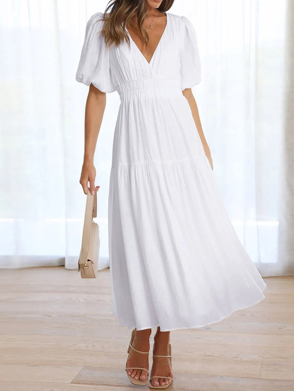 V-neck Puff Sleeve Midi Dress (8)