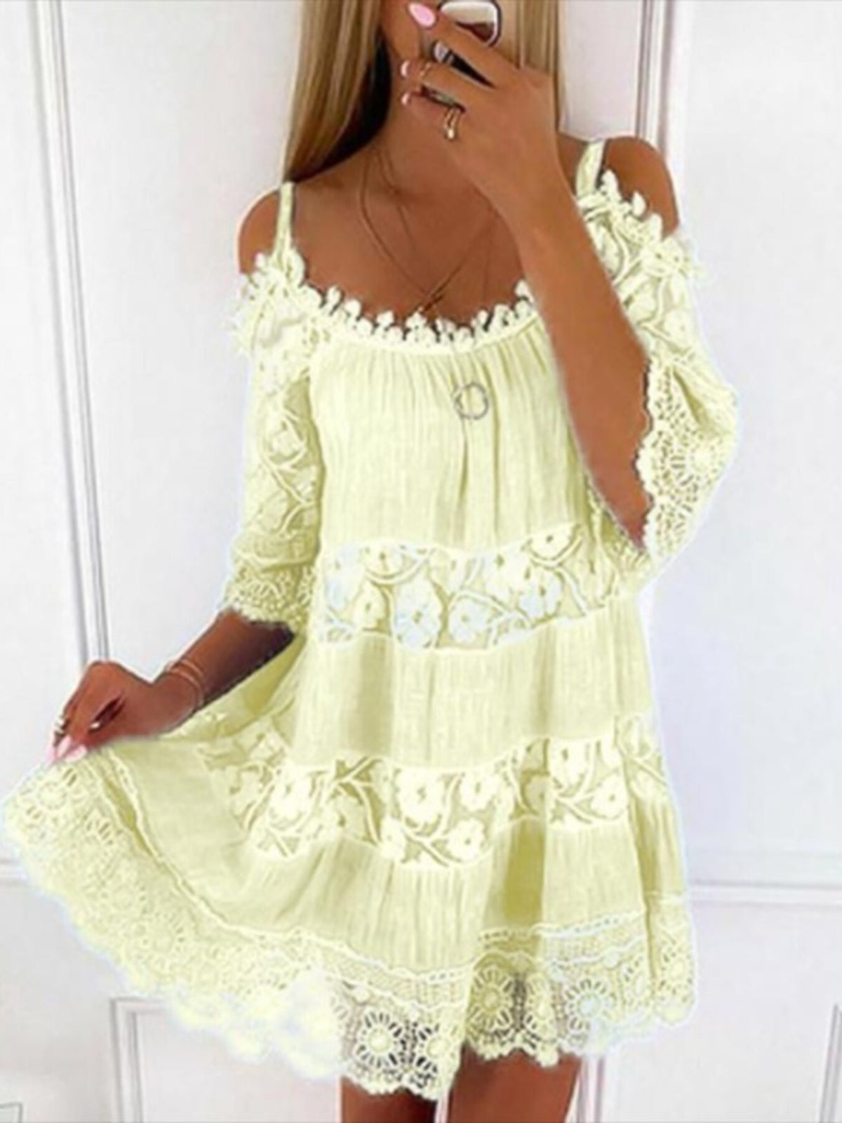 Full Size Bohemian Lace Cold Shoulder Mini Dress Plus (5)