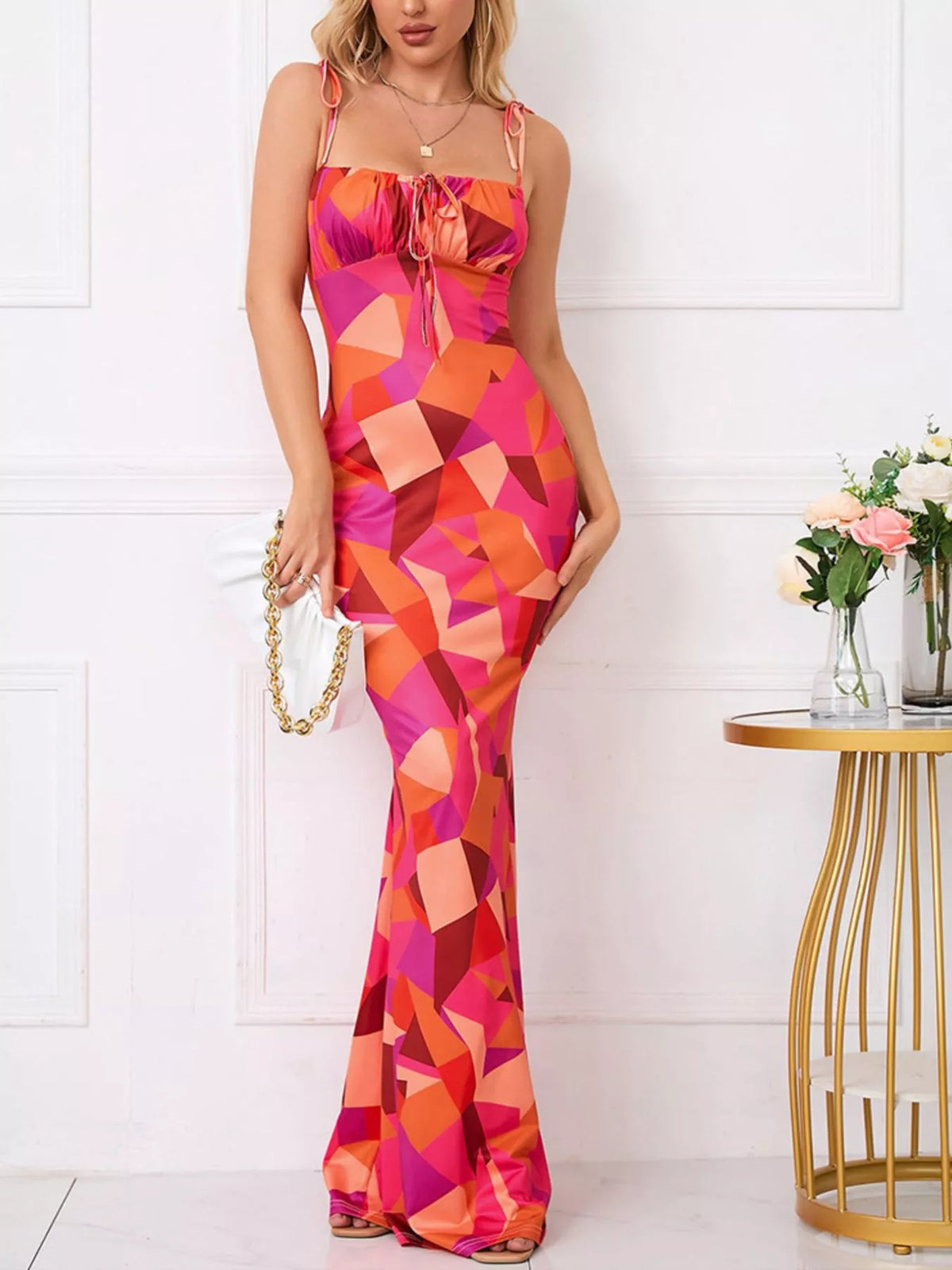 Floral Print Tie Strap Bodycon Maxi Dress (5)