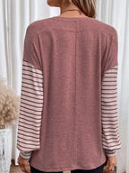 Round Neck Striped Long Sleeve Slit T-shirt (13)