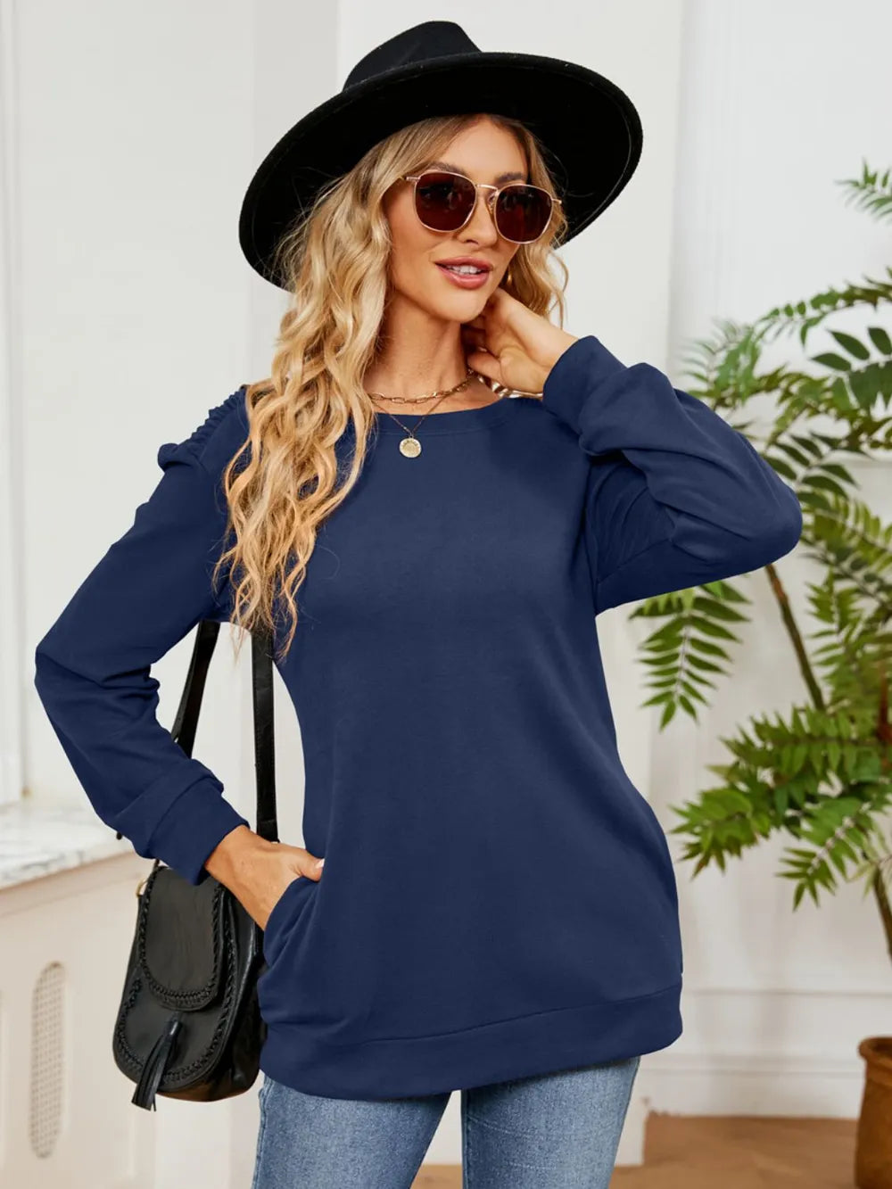 Ruched Shoulder Round Neck Long Sleeve Sweatshirt (20)