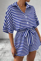 Striped Collared Neck Tie Waist Romper (4)