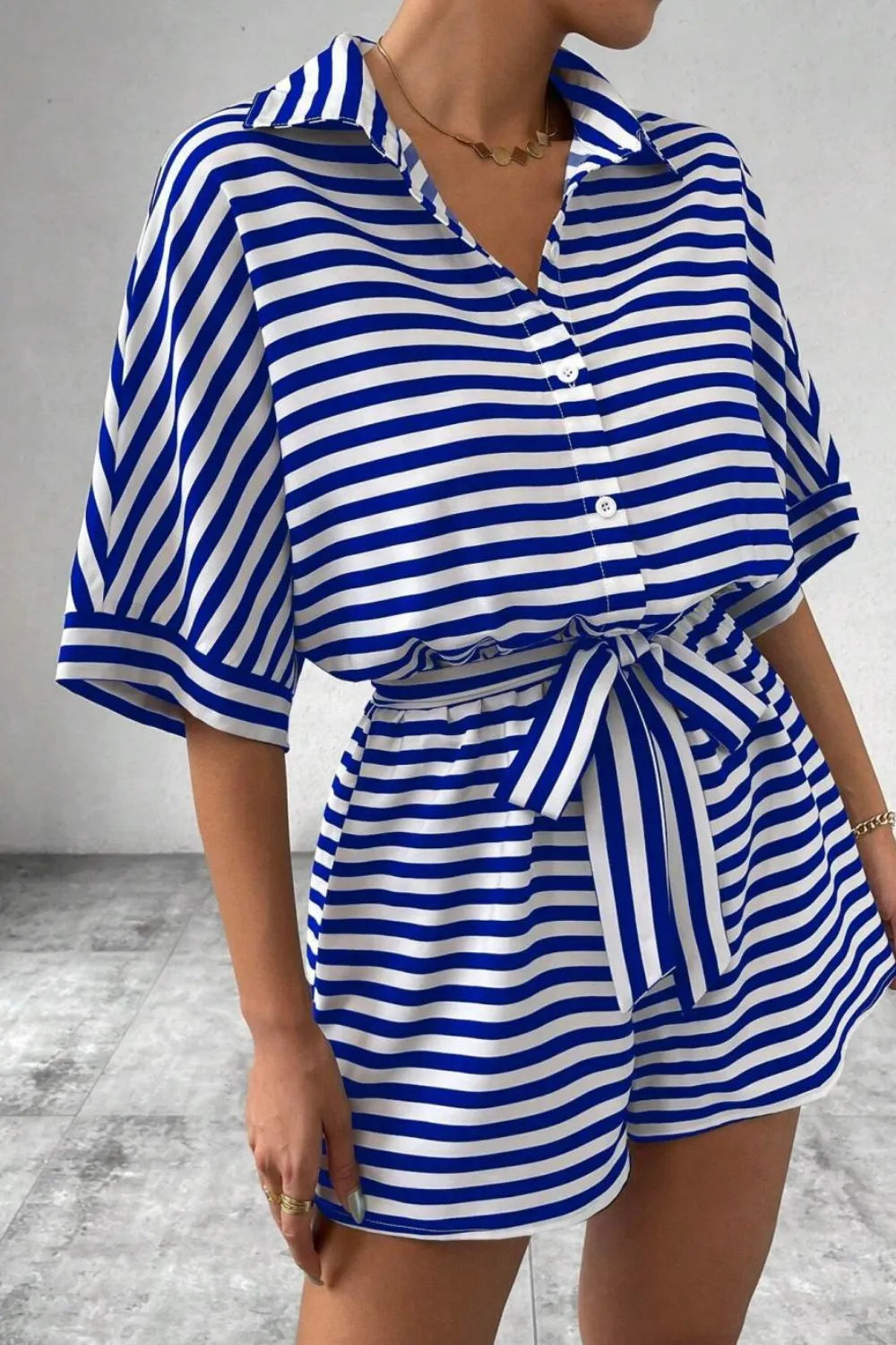 Striped Collared Neck Tie Waist Romper (4)