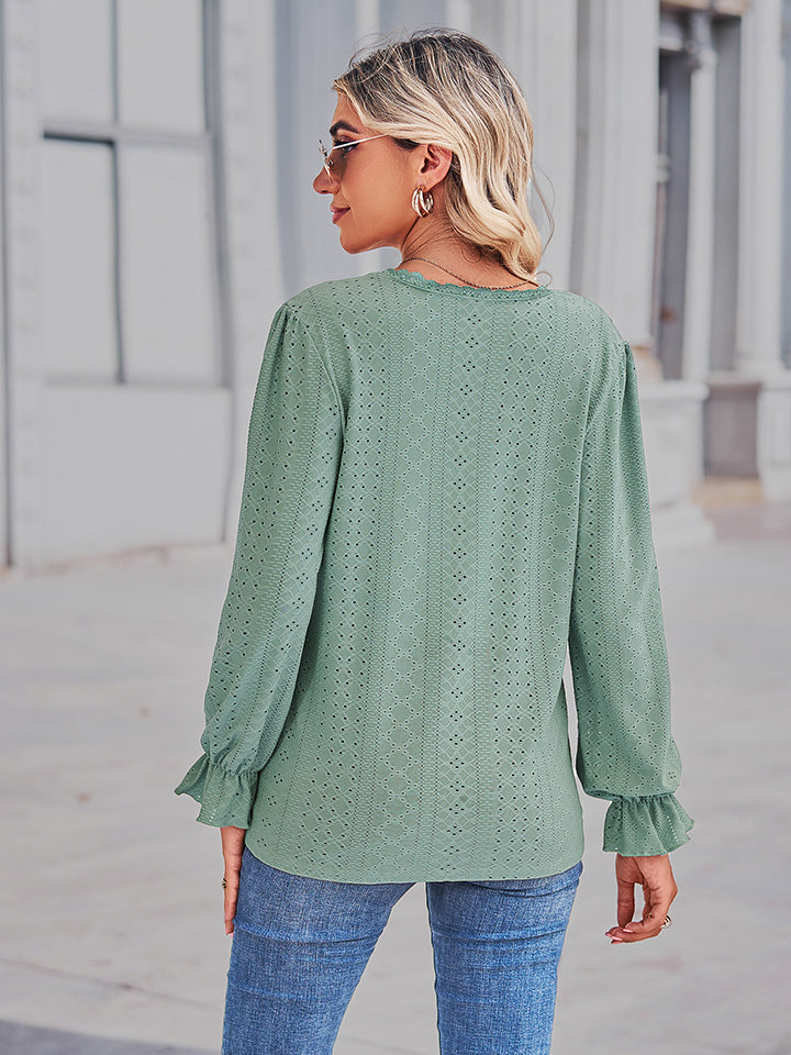 Eyelet V-neck Flounce Sleeve Blouse (2)