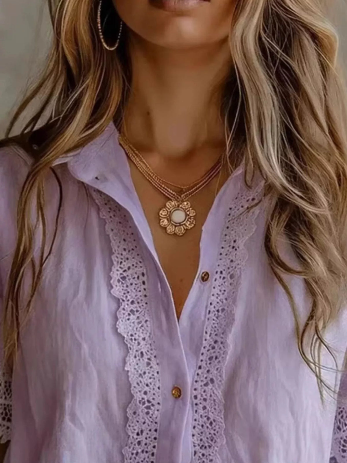 Lace-trimmed Short Sleeve Button-down Shirt (8)