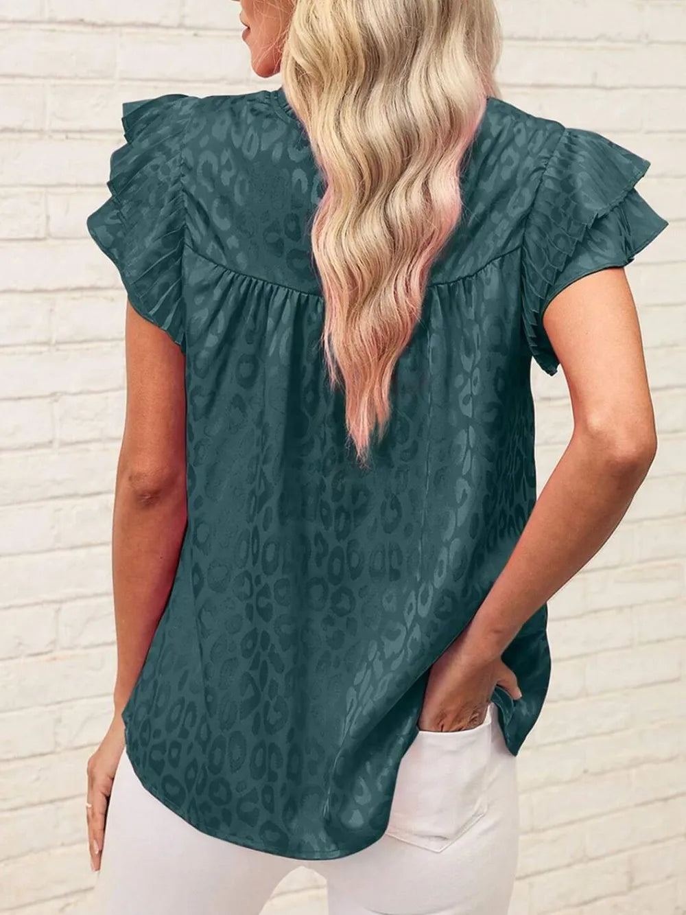 Leopard Frill Mock Neck Ruffled Cap Sleeve Top (20)