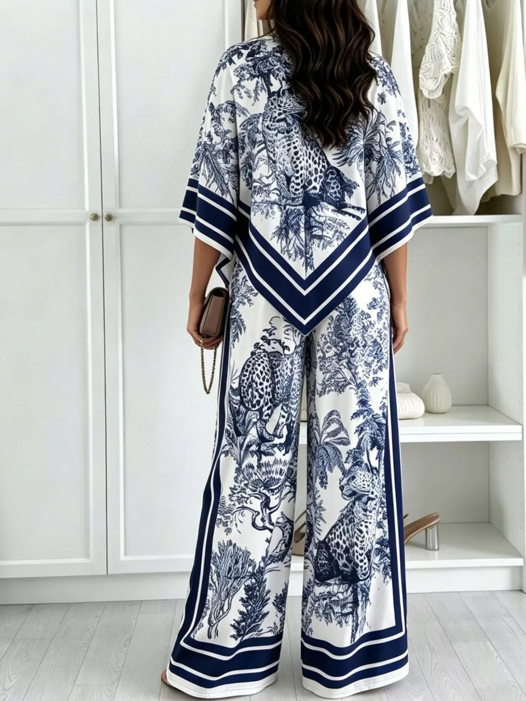 Asymmetrical Printed Top Wide-leg Pants Set (2)