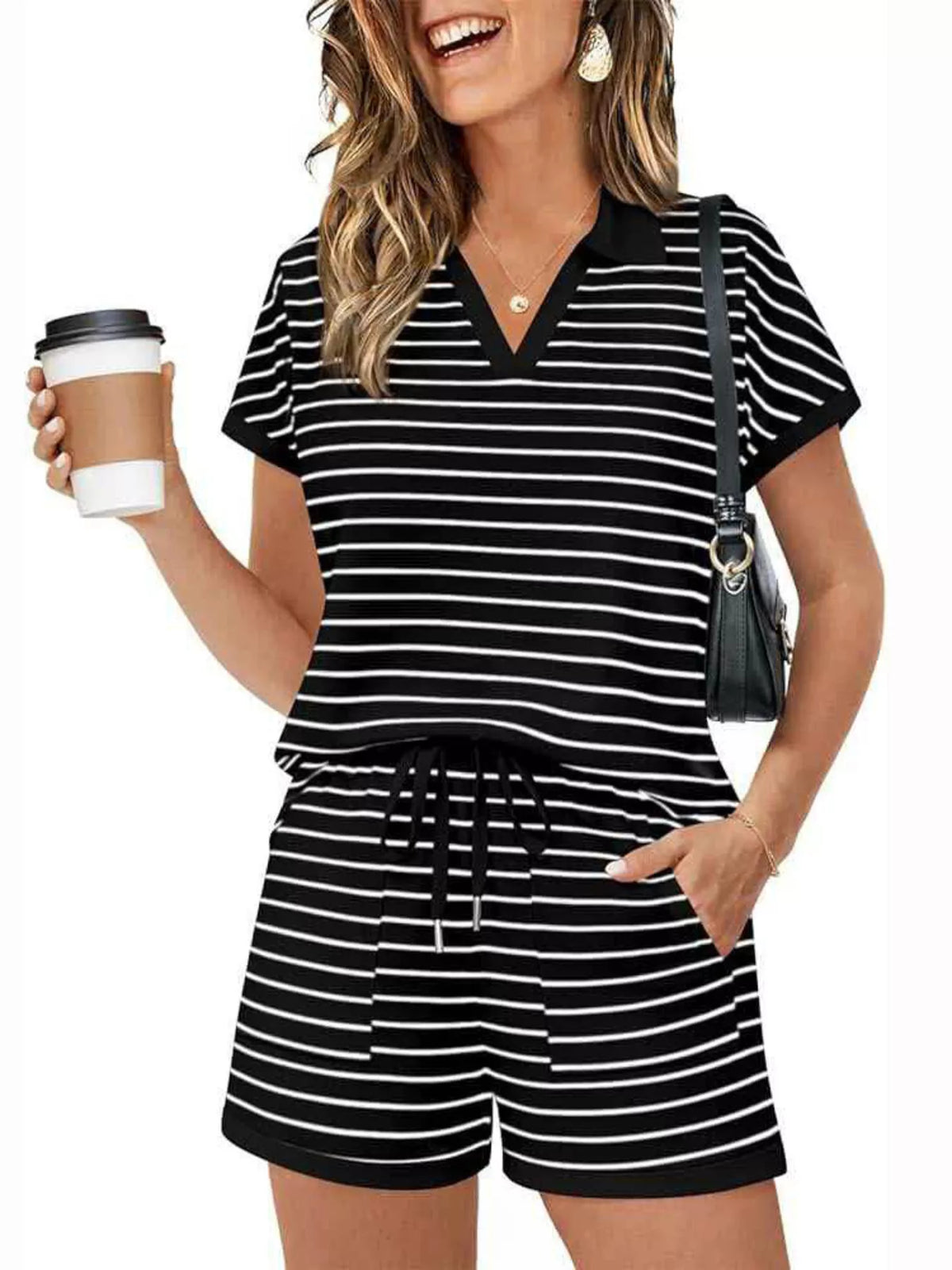 Striped Short Sleeve Polo Shorts Set (7)