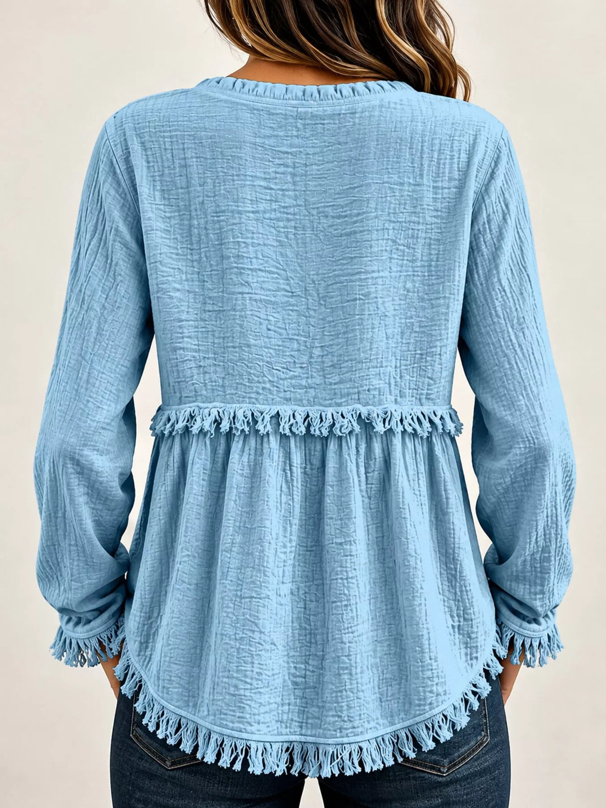 Full Size Frayed Hem Button Detail Blouse Plus (28)