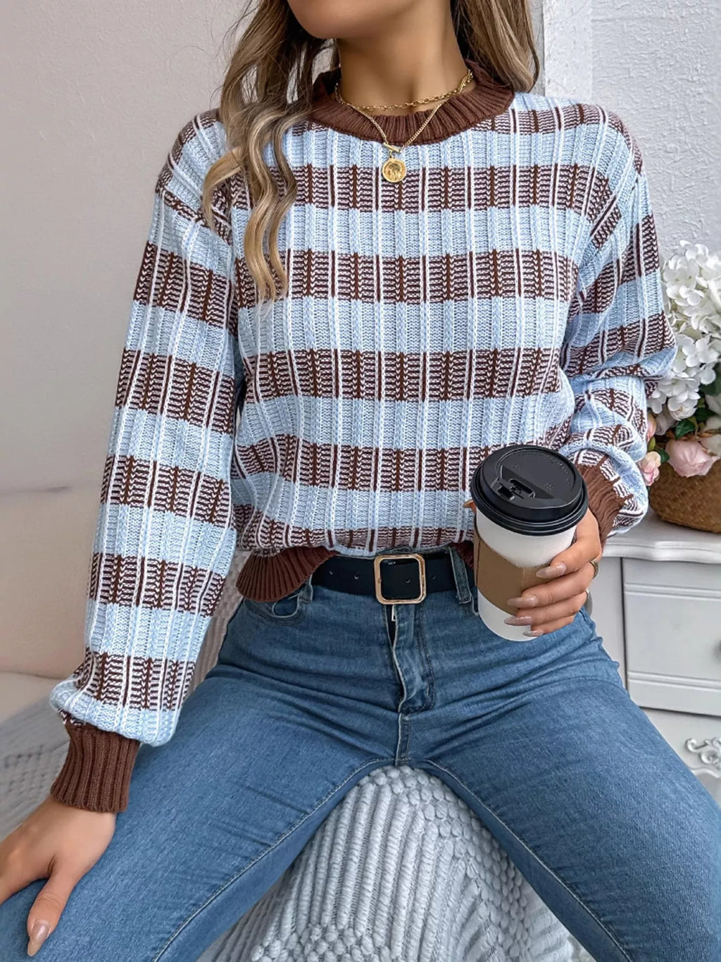 Striped Round Neck Long Sleeve Sweater (2)
