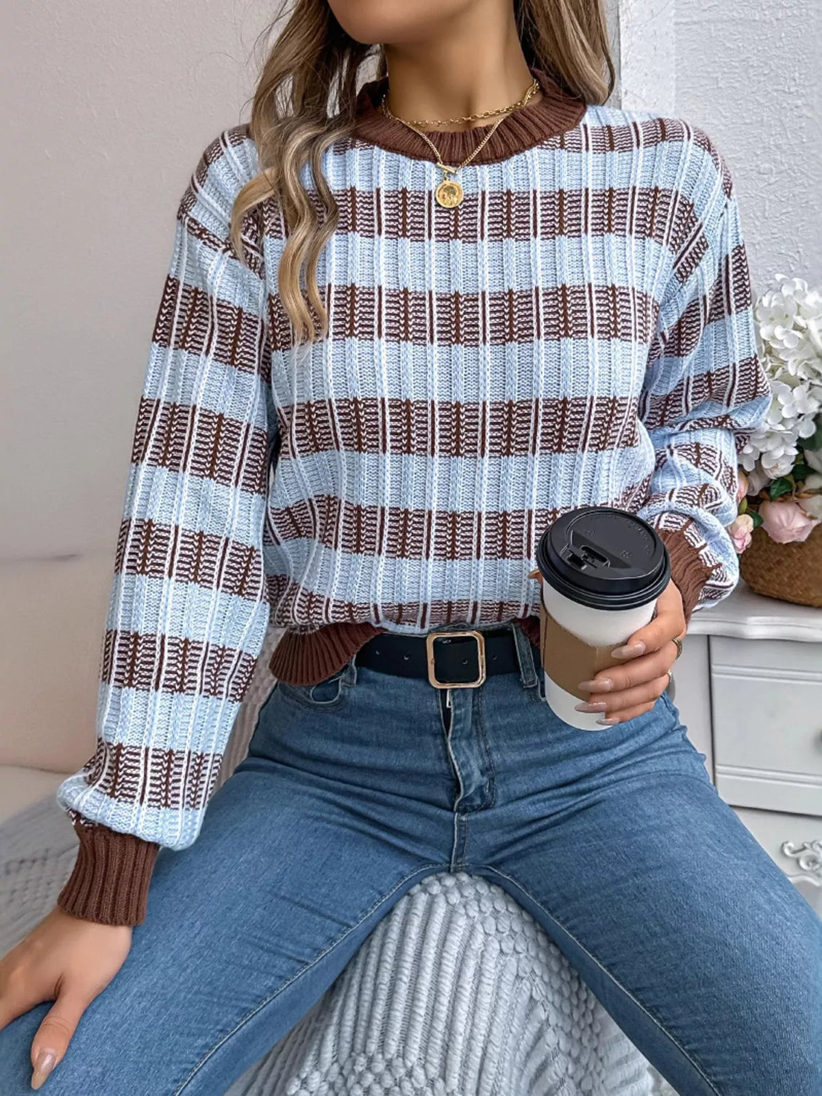 Striped Round Neck Long Sleeve Sweater (2)