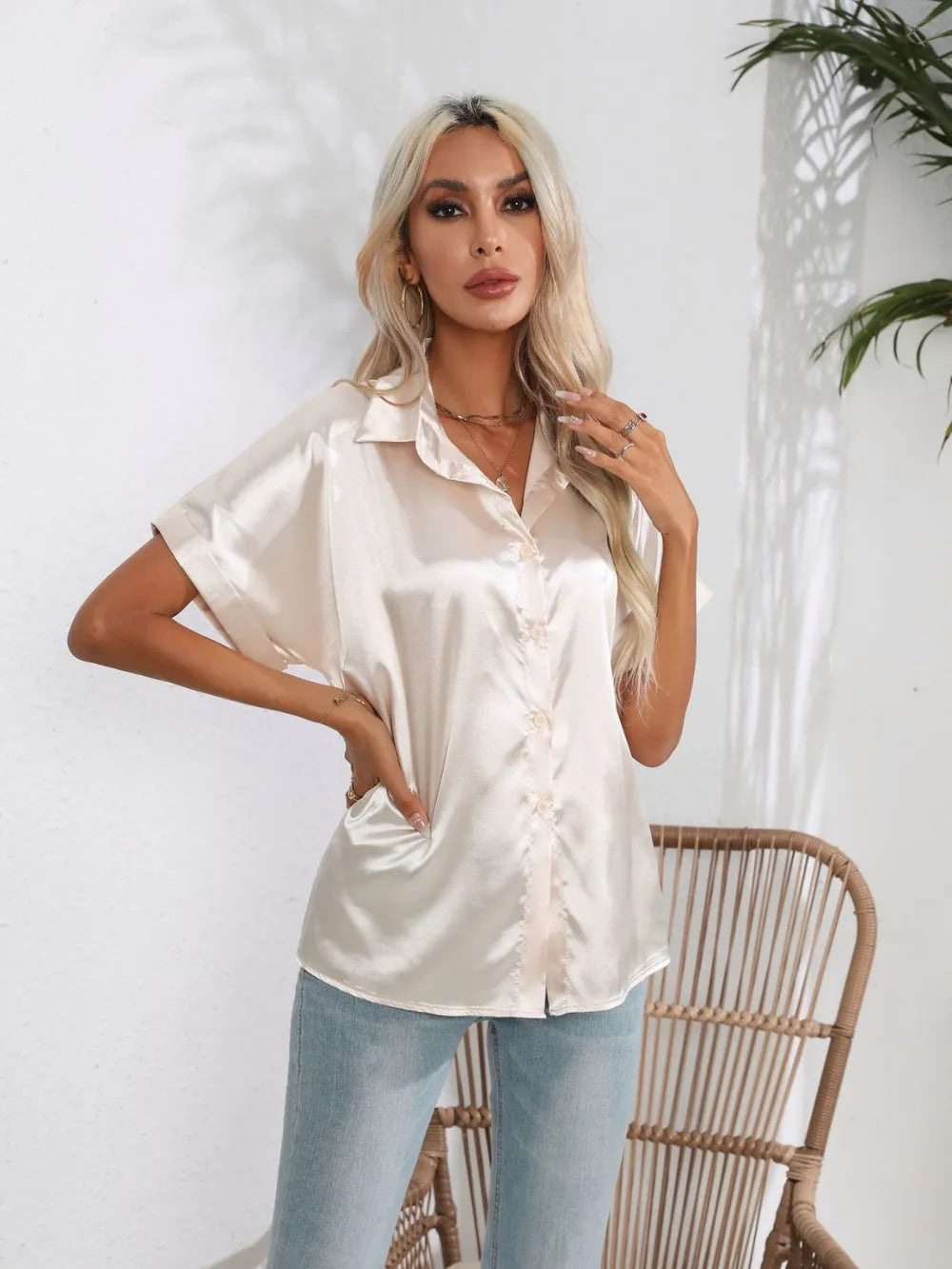 Button Down Collared Neck Short Sleeve Satin Shirt (25)