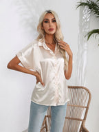 Button Down Collared Neck Short Sleeve Satin Shirt (25)