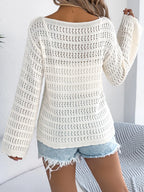 Openwork Boat Neck Long Sleeve Knit Cover Up (5)