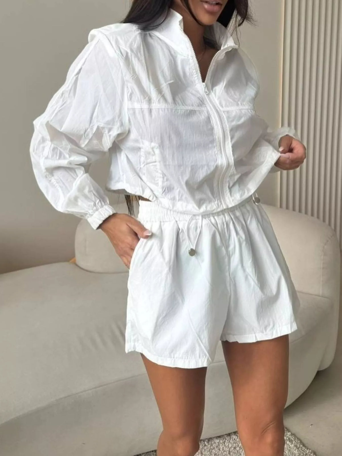 Zip-up Crop Jacket High-waisted Shorts Set (15)