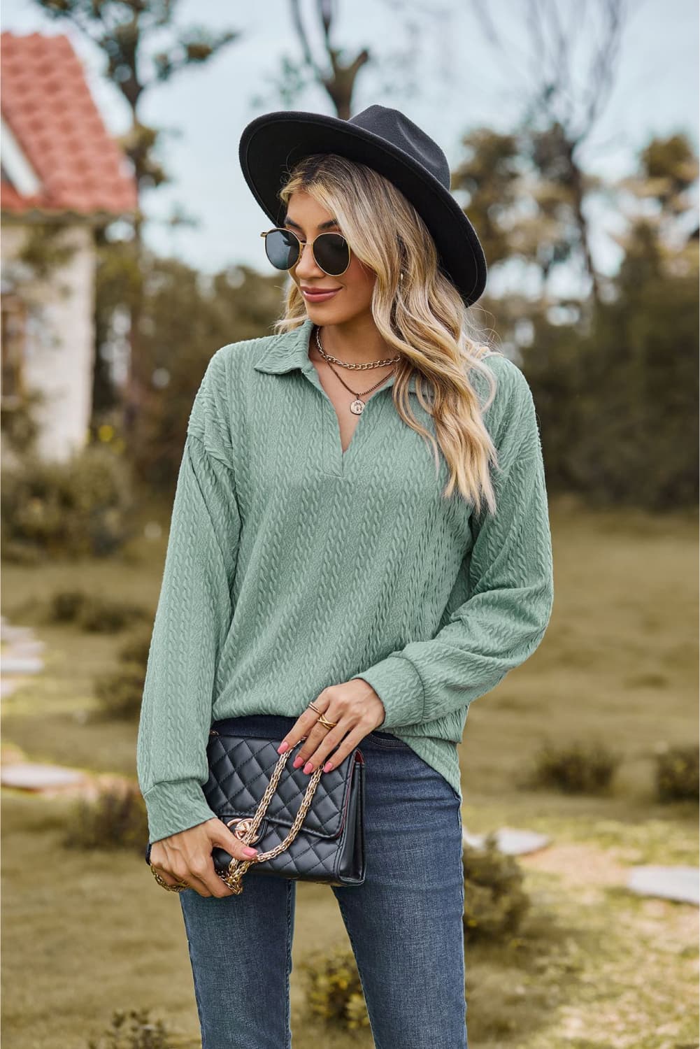 Collared Neck Cable-knit Long Sleeve Blouse (3)