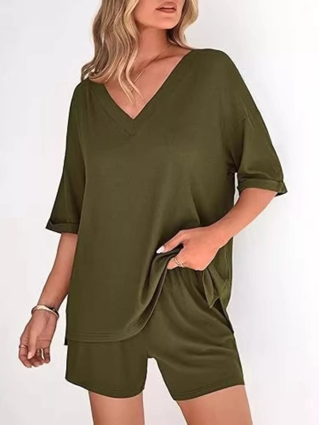 Solid Color V-neck Shorts Set (8)