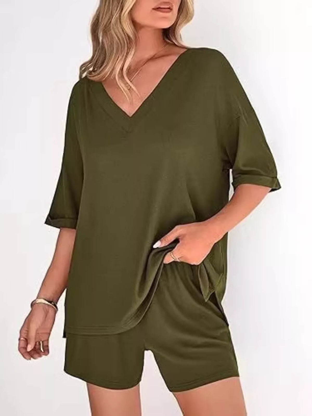 Solid Color V-neck Shorts Set (8)