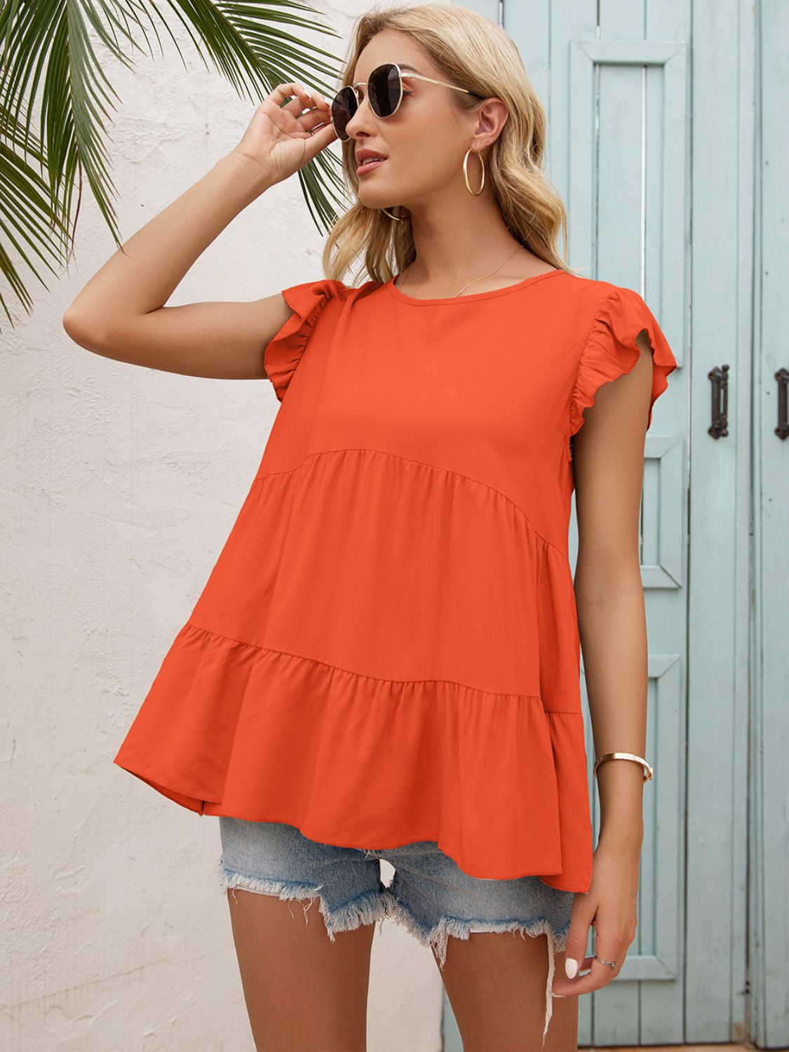 Round Neck Flutter Sleeve Tiered Blouse (8)