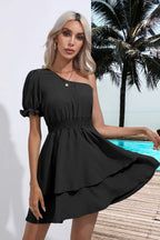 Layered Single Shoulder Flounce Sleeve Mini Dress (12)
