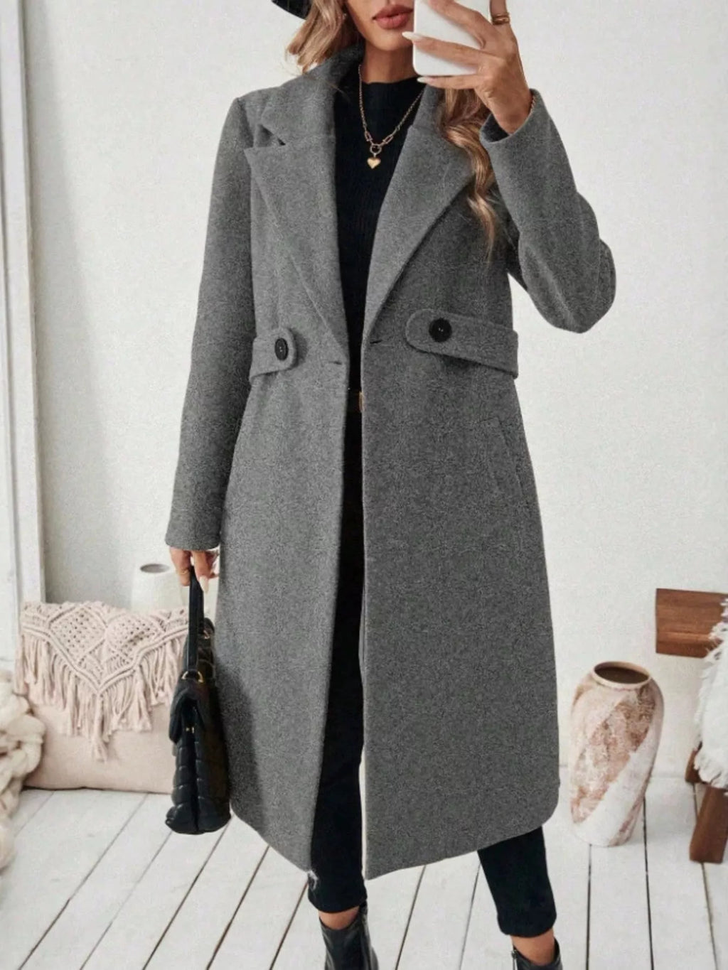 Full Size Elegant Lapel Collar Belted Coat Pockets Plus (2)