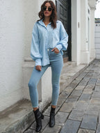 Button Up Dropped Shoulder Lantern Sleeve Shirt (5)