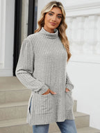 Slit Mock Neck Long Sleeve T-shirt (18)