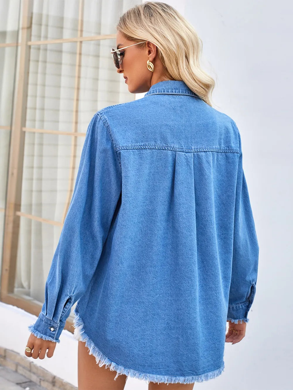 Raw Hem Button Up Long Sleeve Denim Jacket Sequin Pockets (6)