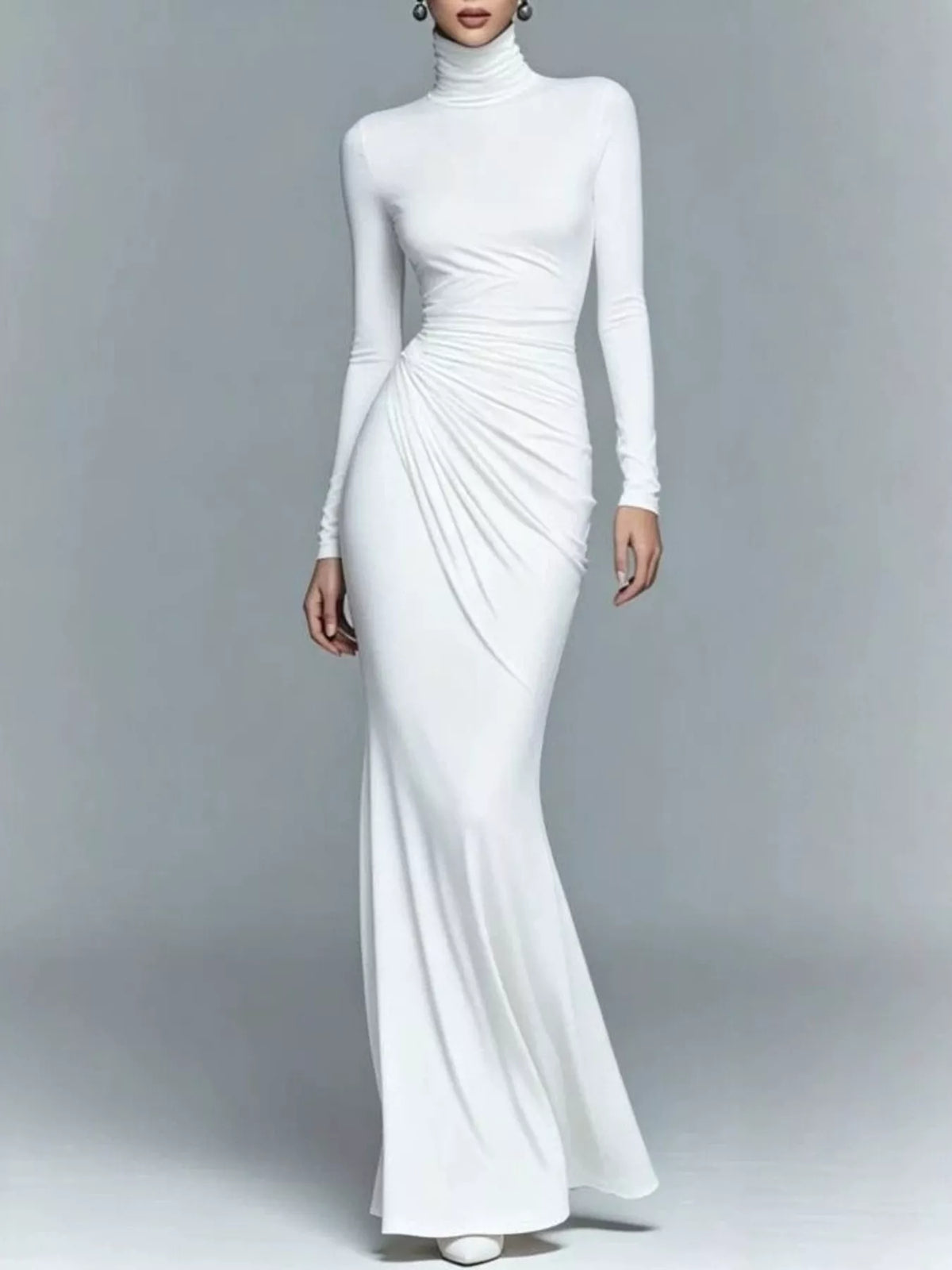 Turtleneck Long-sleeve Ruched Maxi Dress (9)