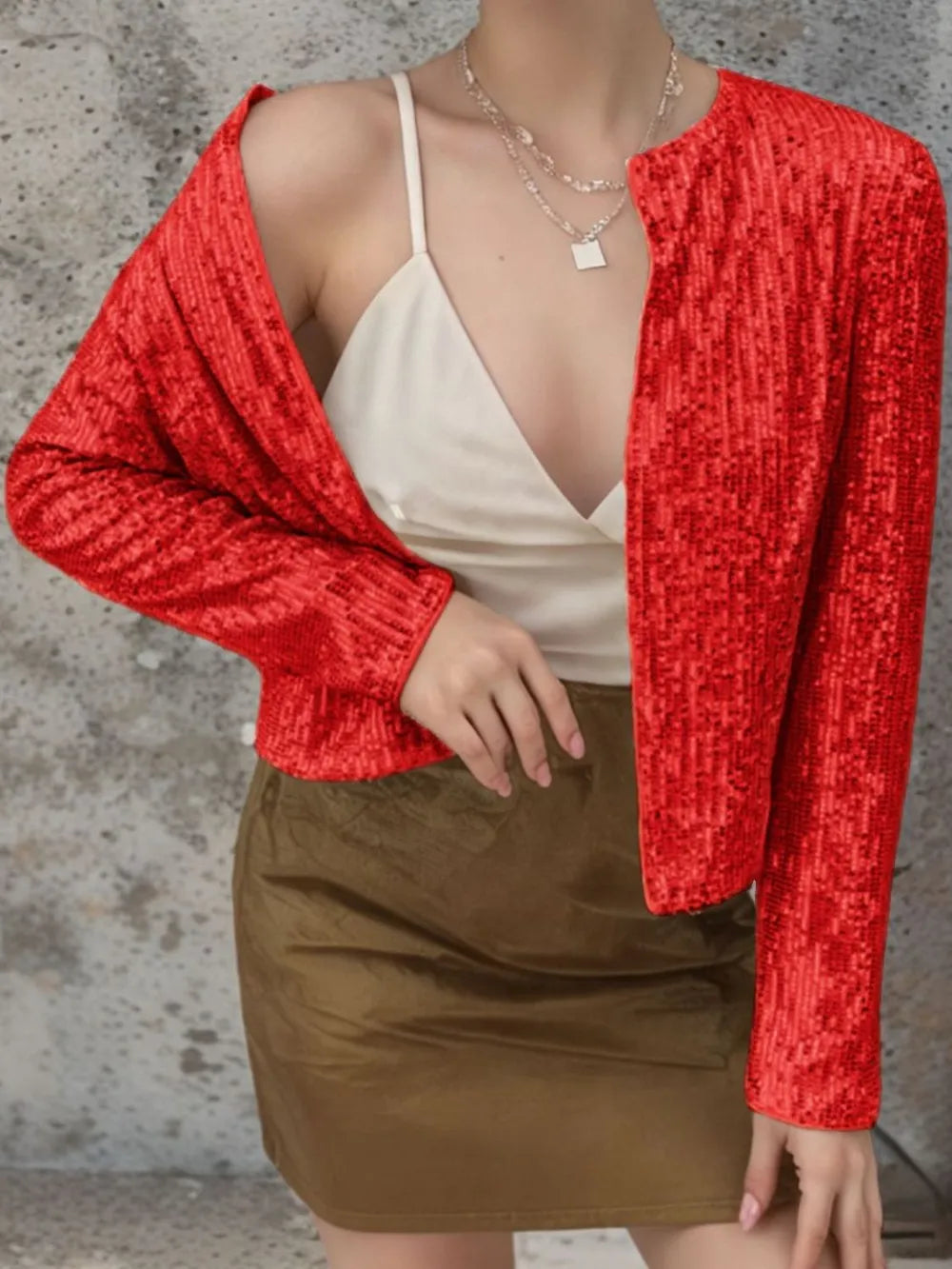 Full Size Sequin Open Front Cropped Jacket (15)