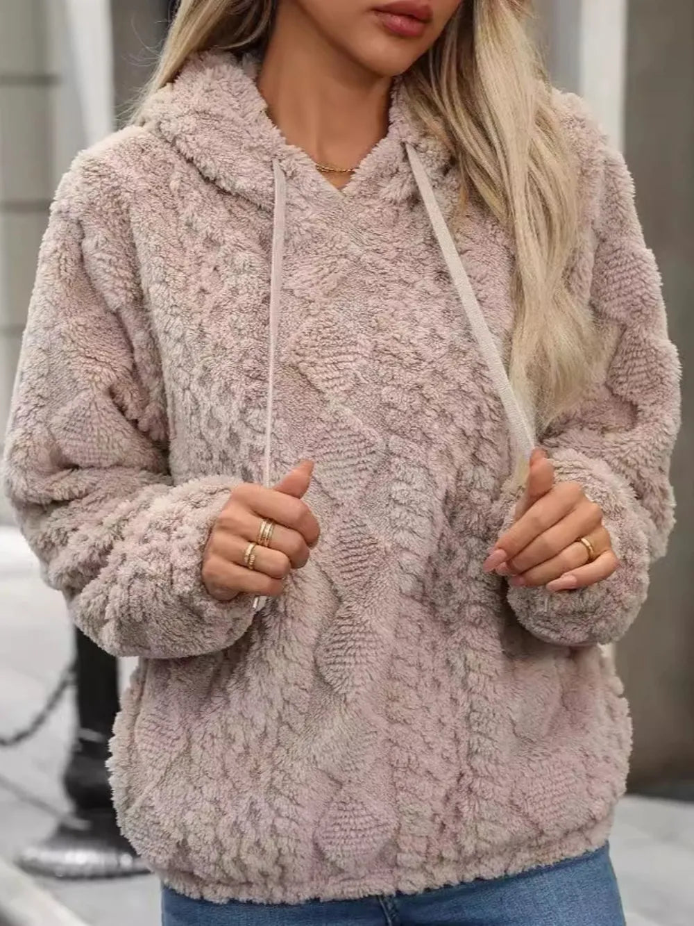 Drawstring Long Sleeve Plush Hoodie (4)