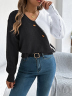 Two-tone V-neck Long Sleeve Sweater (8)