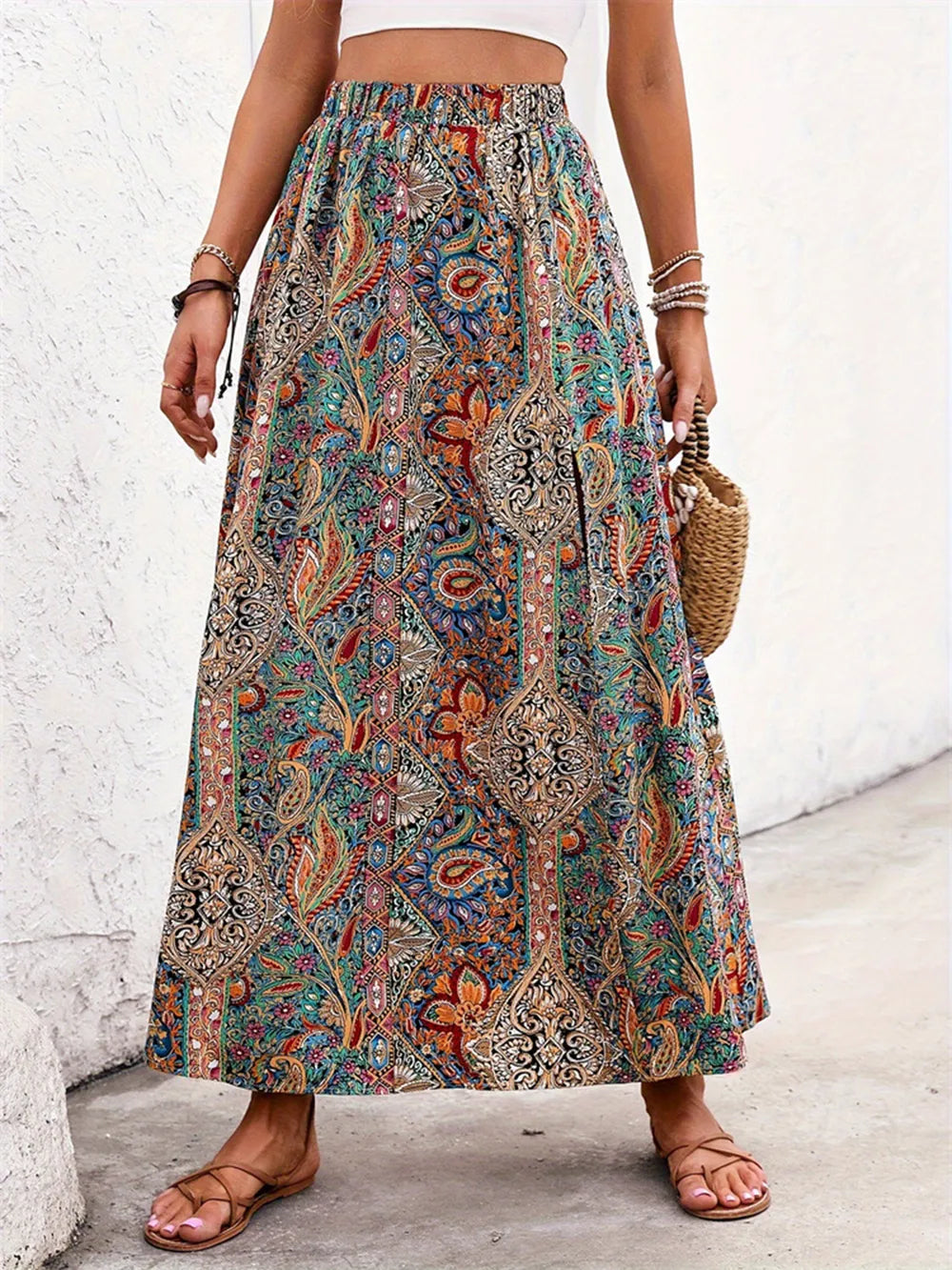 Slit Printed Elastic Waist Skirt (2)